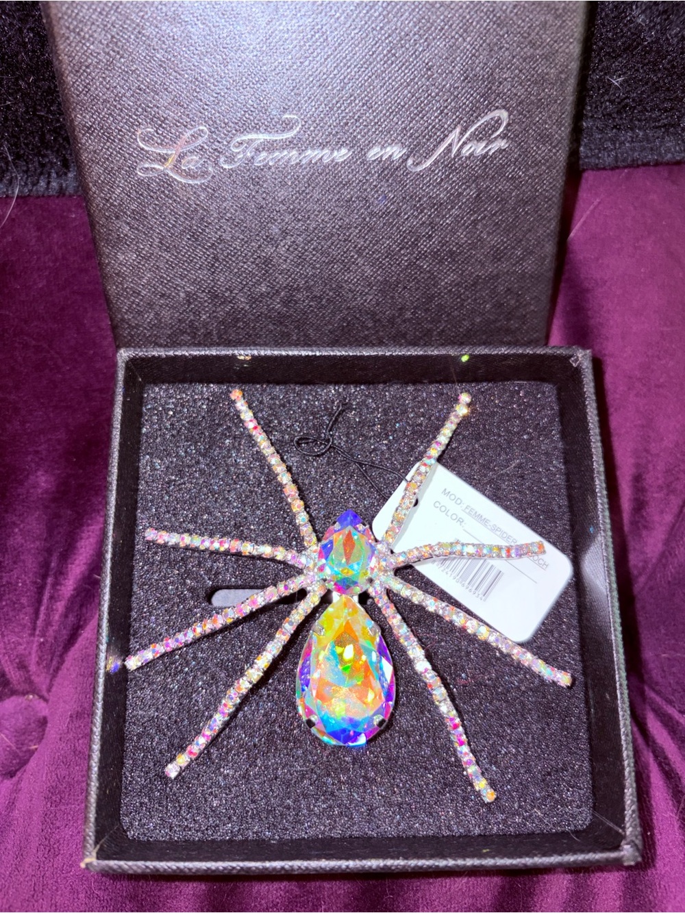 La Femme en Noir Black Widow Rhinestone Spider Brooch - AURORA BOREALIS